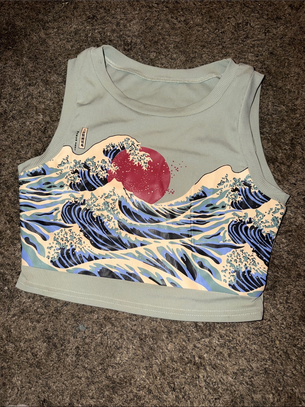 Zara Light Sage Crop Japanese Tank with Wave & Red Sun Graphic